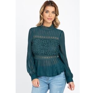 Haute Monde green long sleeve semi sheer blouse size L